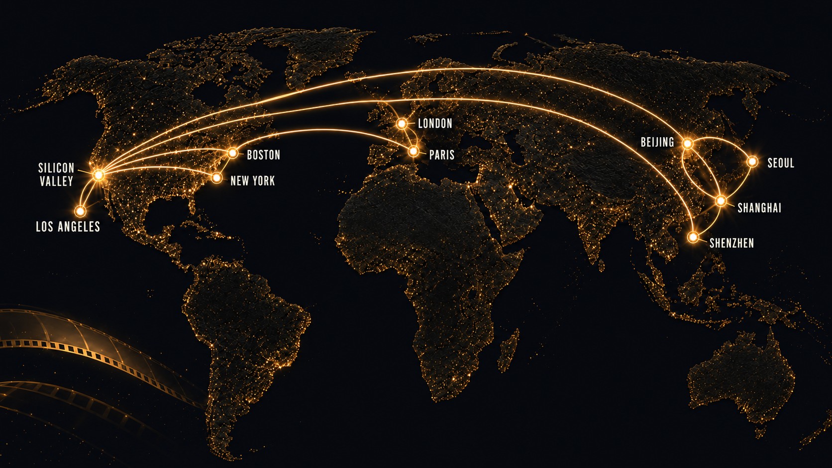 World map connecting Silicon Valley, Los Angeles, Boston, New York, Seoul, Beijing, Shanghai, London, Paris and Shenzhen